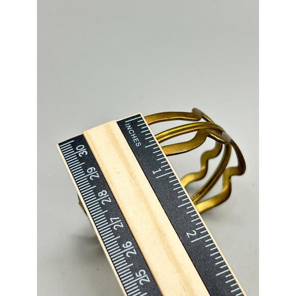 Brutalist Brass Wave Cuff Bracelet Irregular Hollow Handcrafted 70s Jewelry - Picture 7 of 9